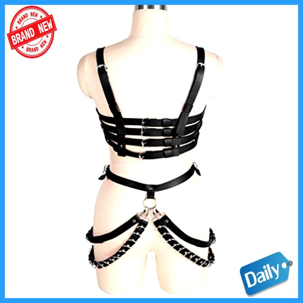 Leather Body Harness Bra Garter Belt Set, Adjustable Punk Gothic Costume - Picture 4 of 7